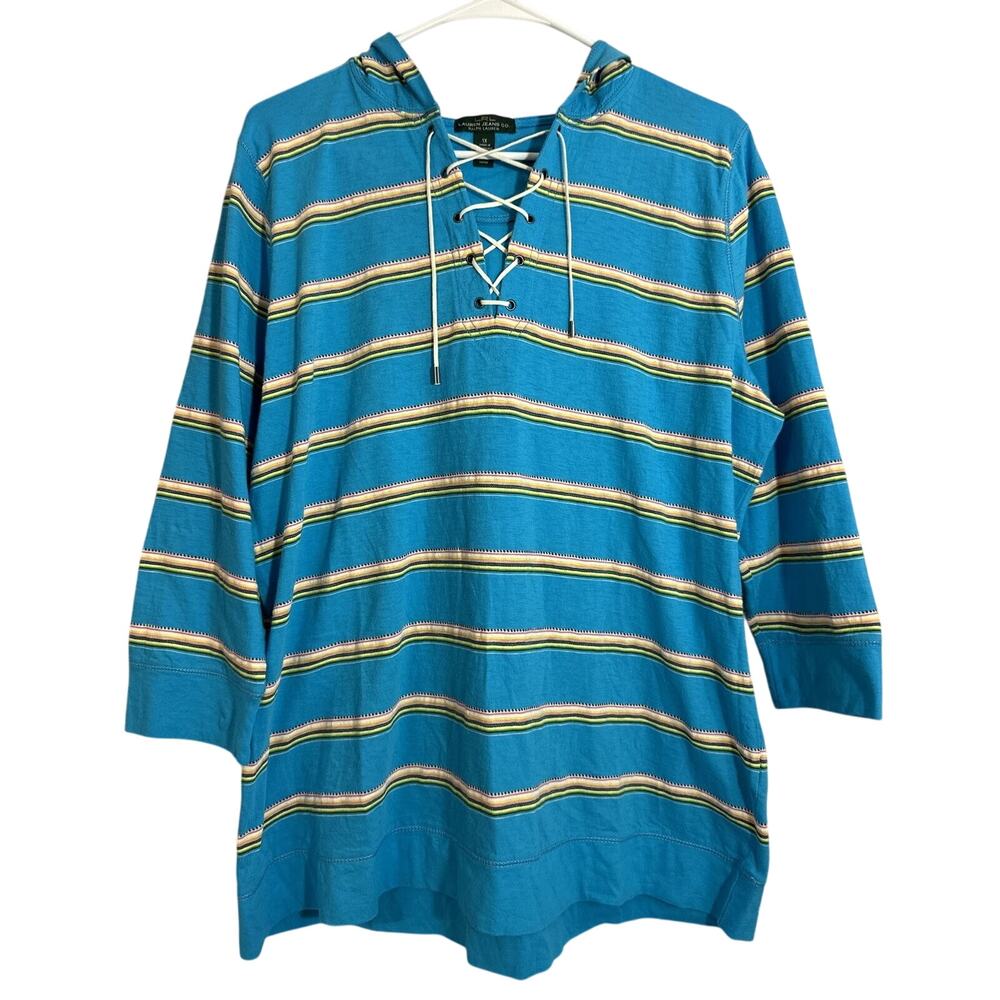 Lauren Jeans Co Ralph Lauren Womens Striped Blue Hooded Shirt size 1X